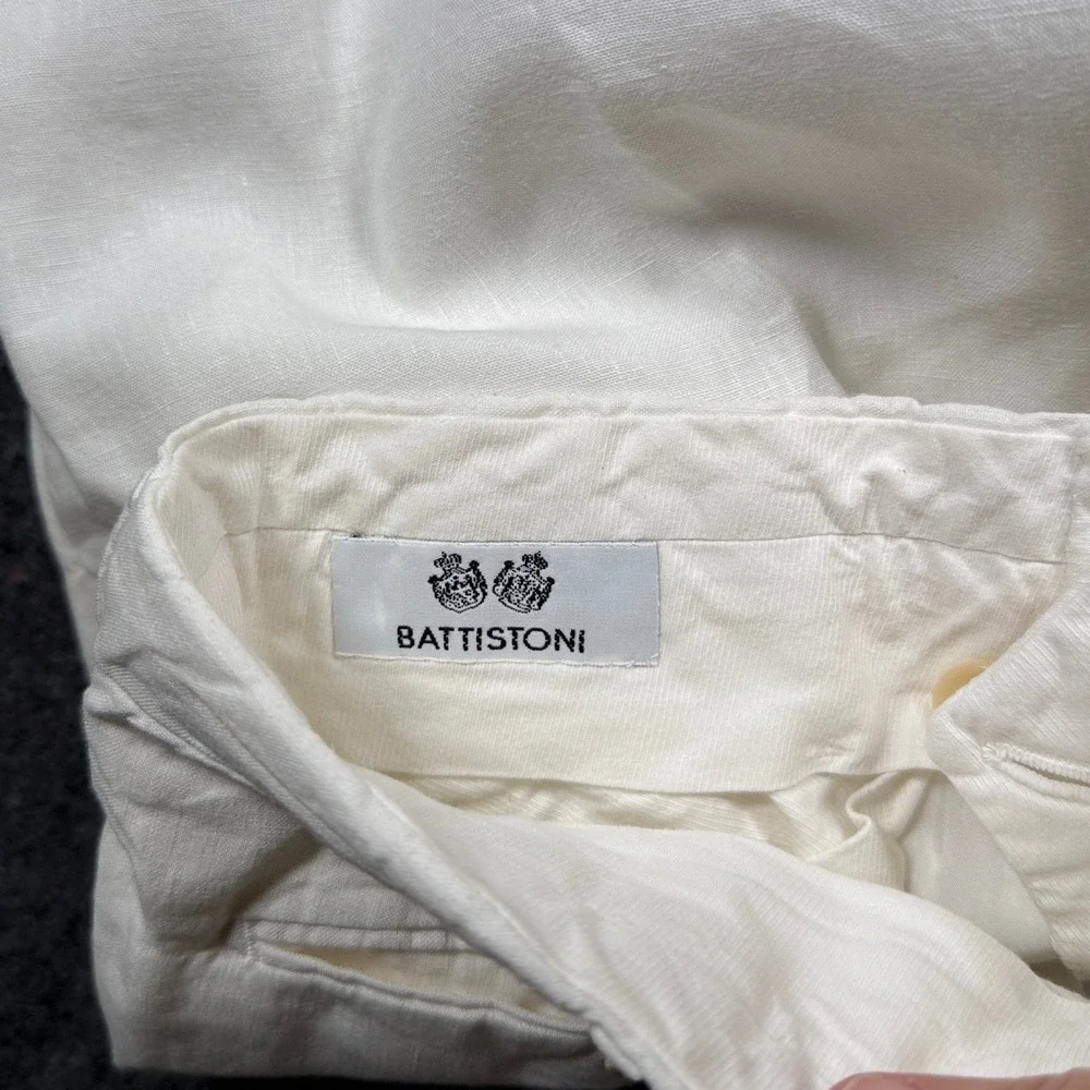 Battistoni Mens White 100% Pure Linen Pleated Trousers Made in Italy Size 32